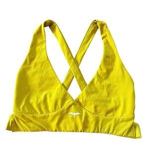 Yellow Halter Sports Bra with Criss-Cross Back and Logo